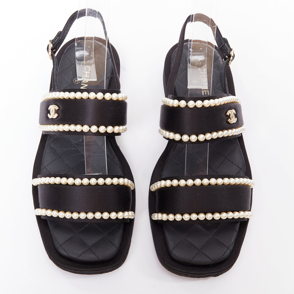 Women's Chanel Pearl Embellished Satin Sandals