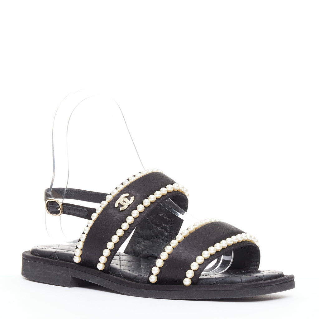 Women's Chanel Pearl Embellished Satin Sandals