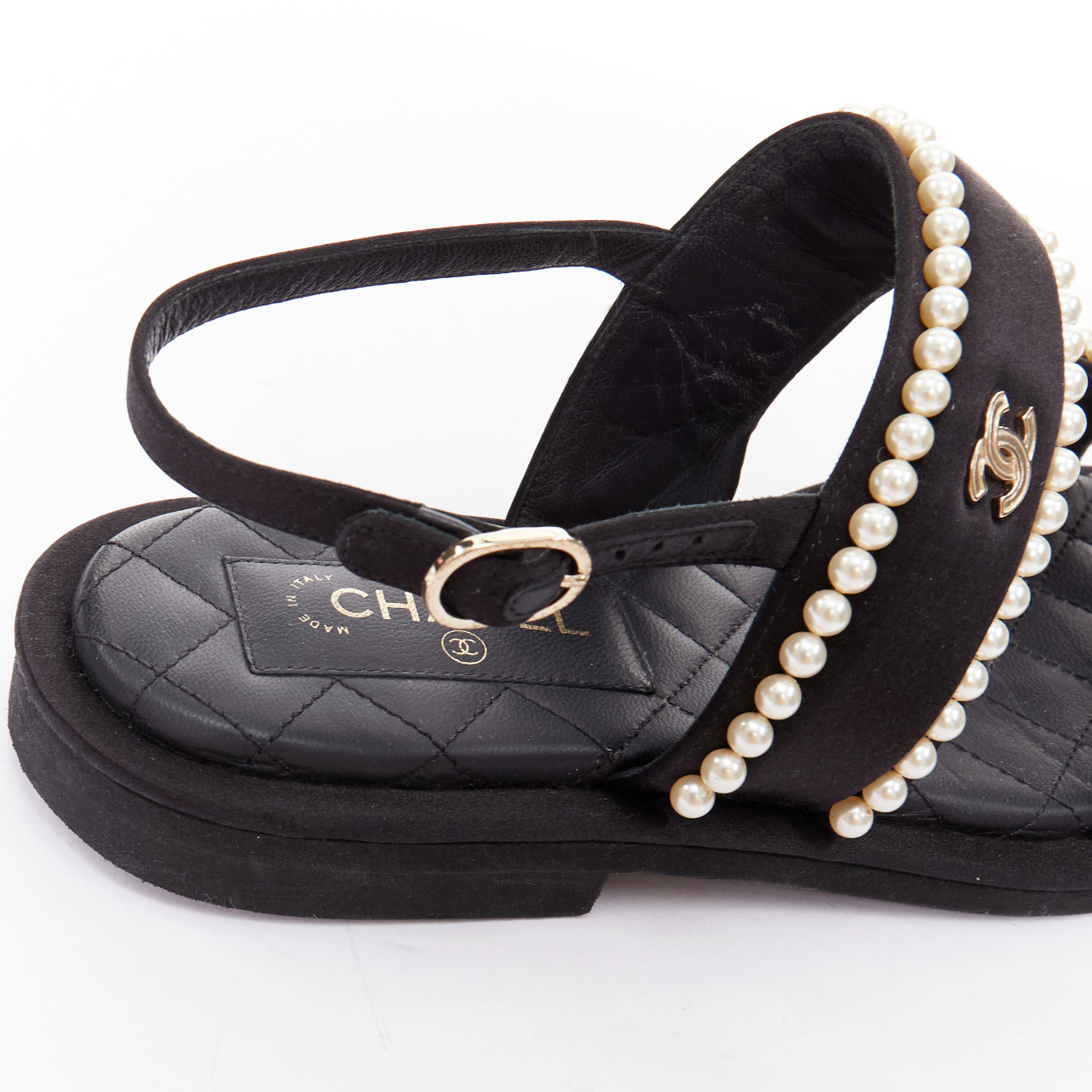 Women's Chanel Pearl Embellished Satin Sandals