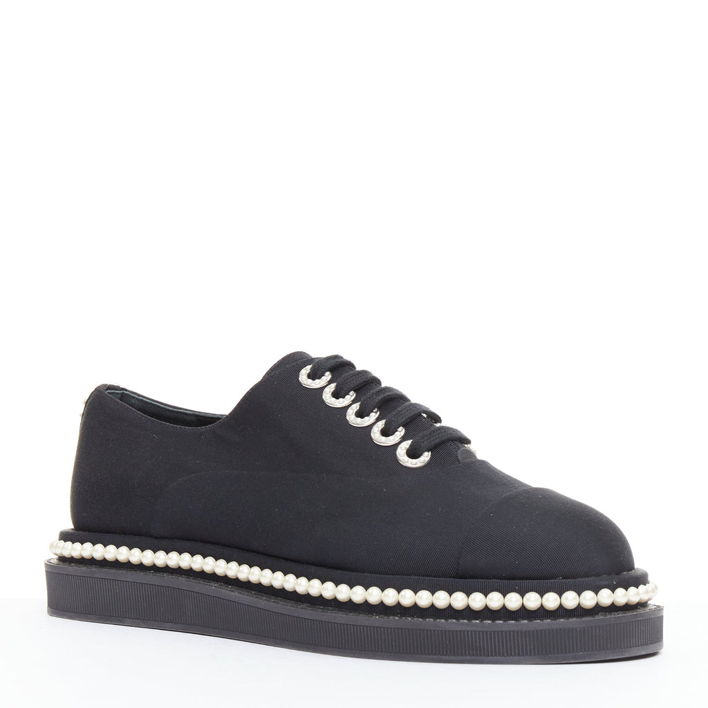 Women's Chanel Canvas Pearl Trim Oxfords