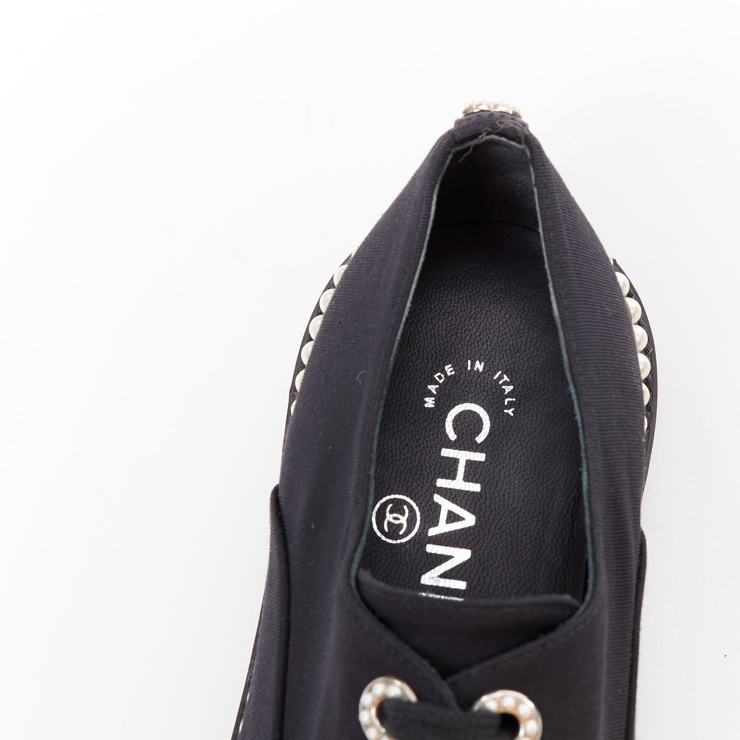 Women's Chanel Canvas Pearl Trim Oxfords