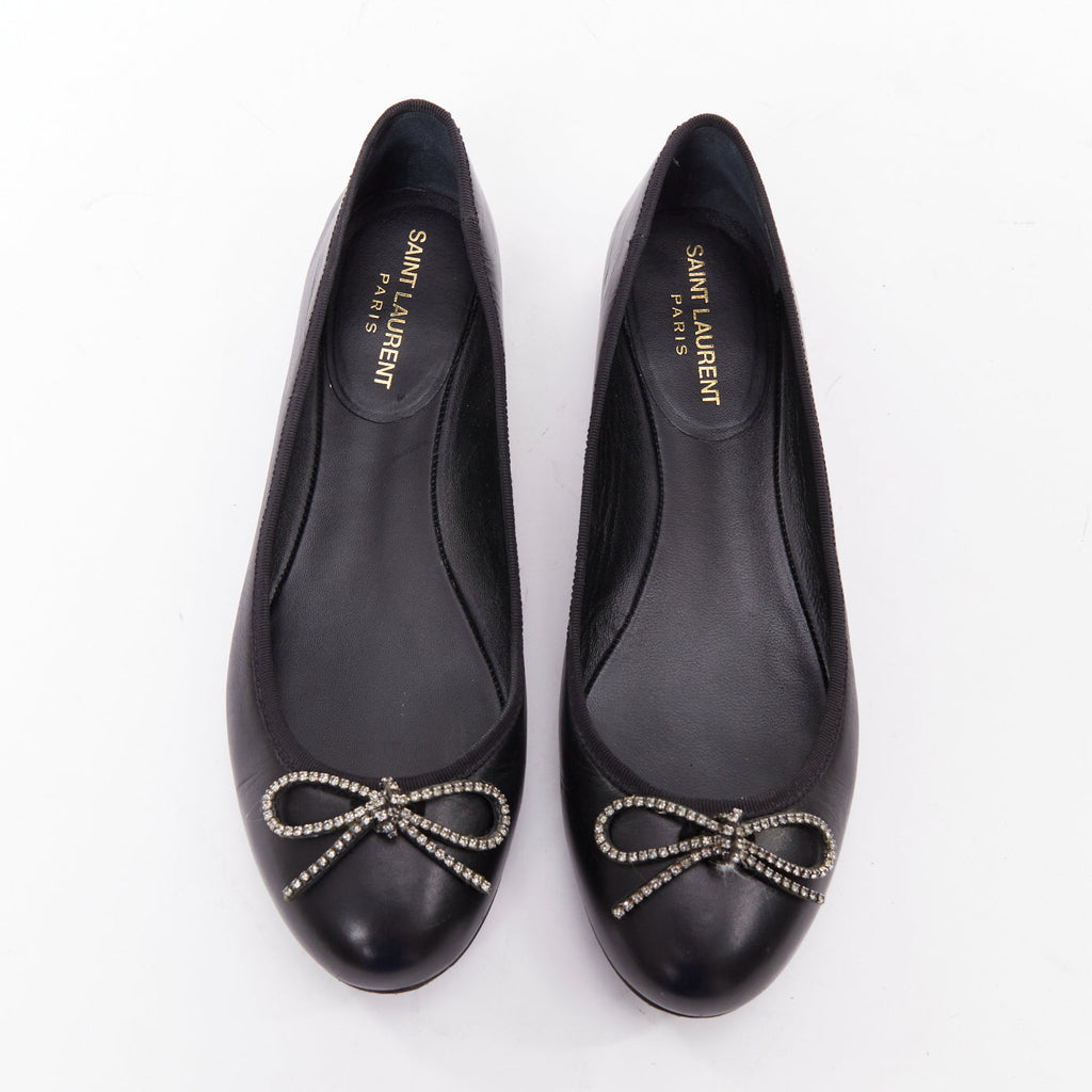 Women's Saint Laurent Leather Crystal Bow Ballet Flats