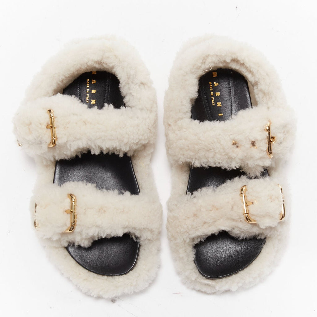 Women's Marni White Shearling Flat Sandals
