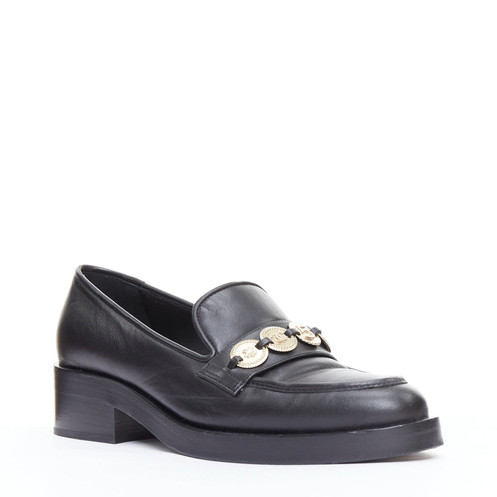 Women's Chanel Leather Gold Logo Loafers