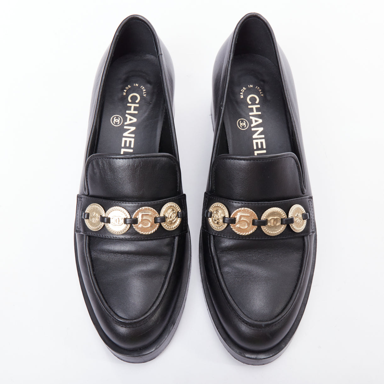 Women's Chanel Leather Gold Logo Loafers