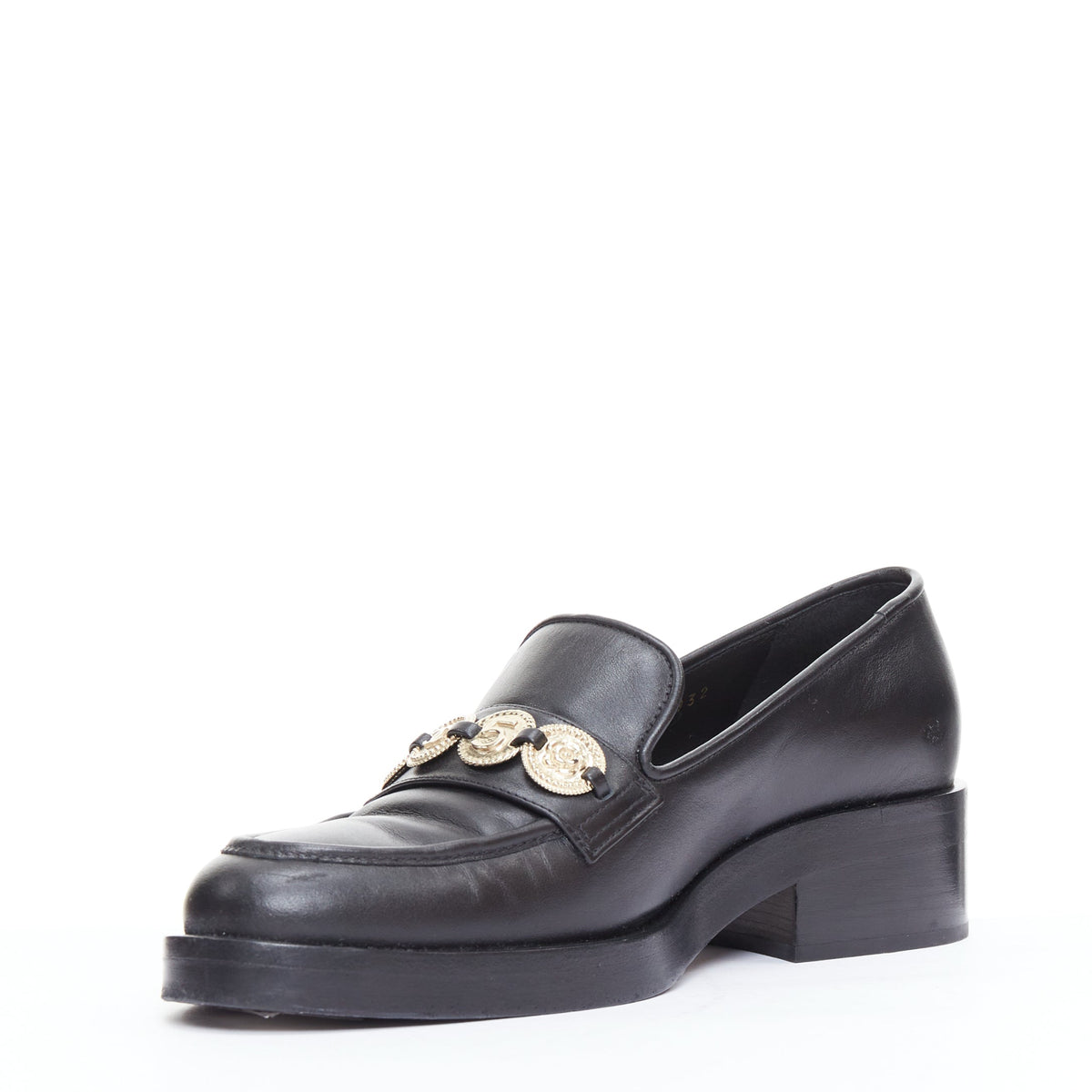 Women's Chanel Leather Gold Logo Loafers