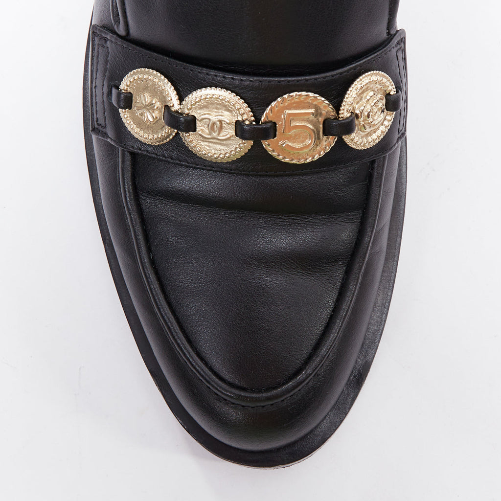 Women's Chanel Leather Gold Logo Loafers