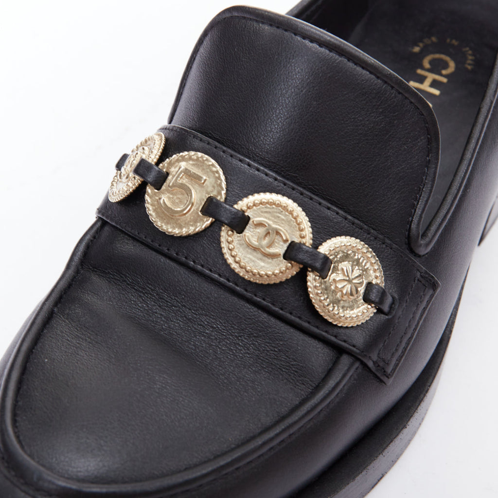 Women's Chanel Leather Gold Logo Loafers