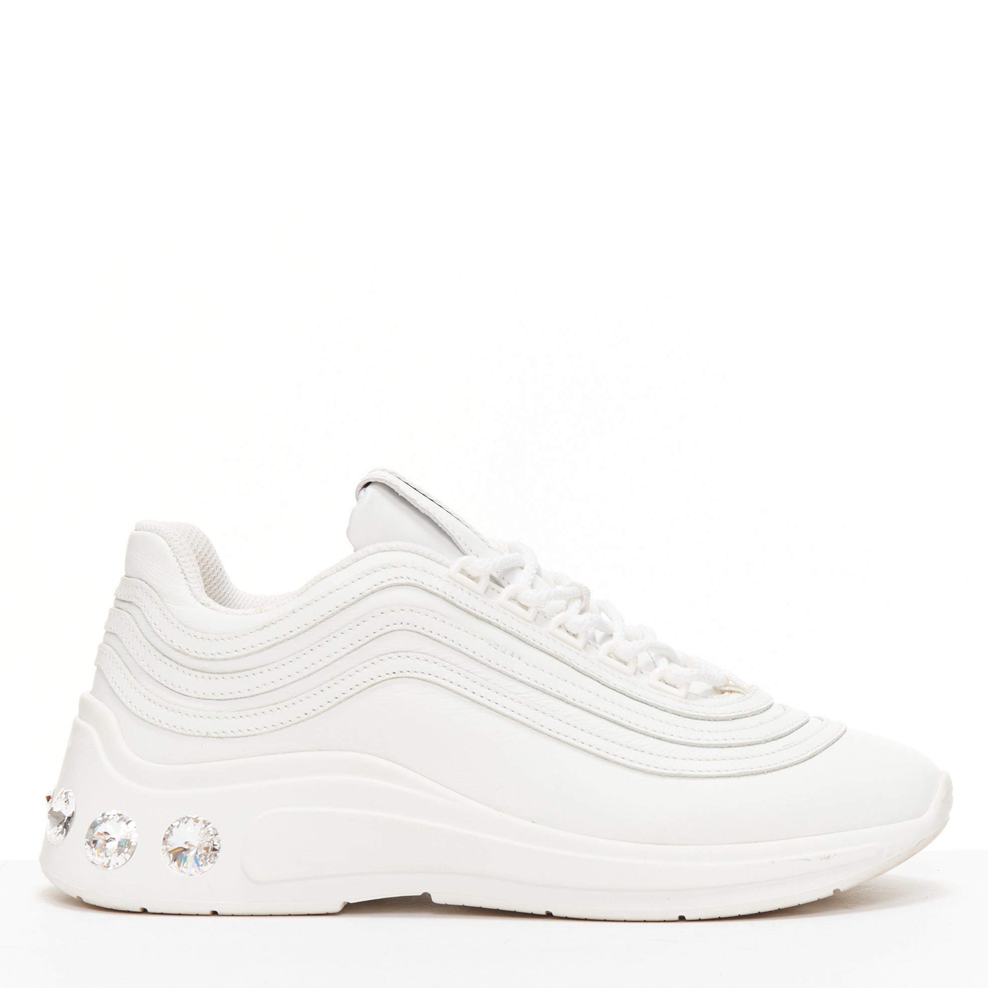 Women's Miu Miu White Leather Crystal Sneakers