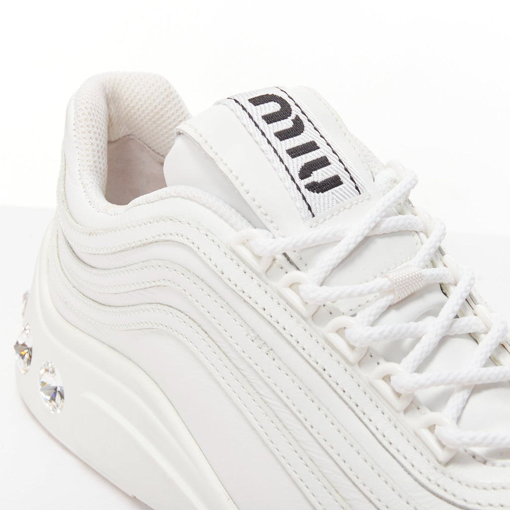 Women's Miu Miu White Leather Crystal Sneakers