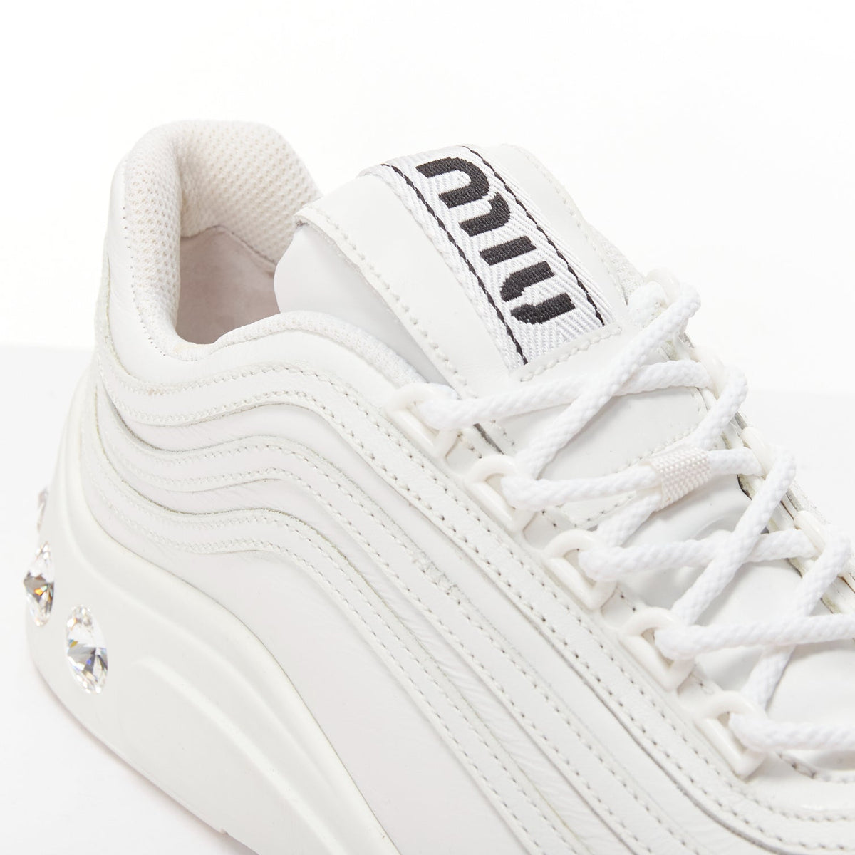 Women's Miu Miu White Leather Crystal Sneakers