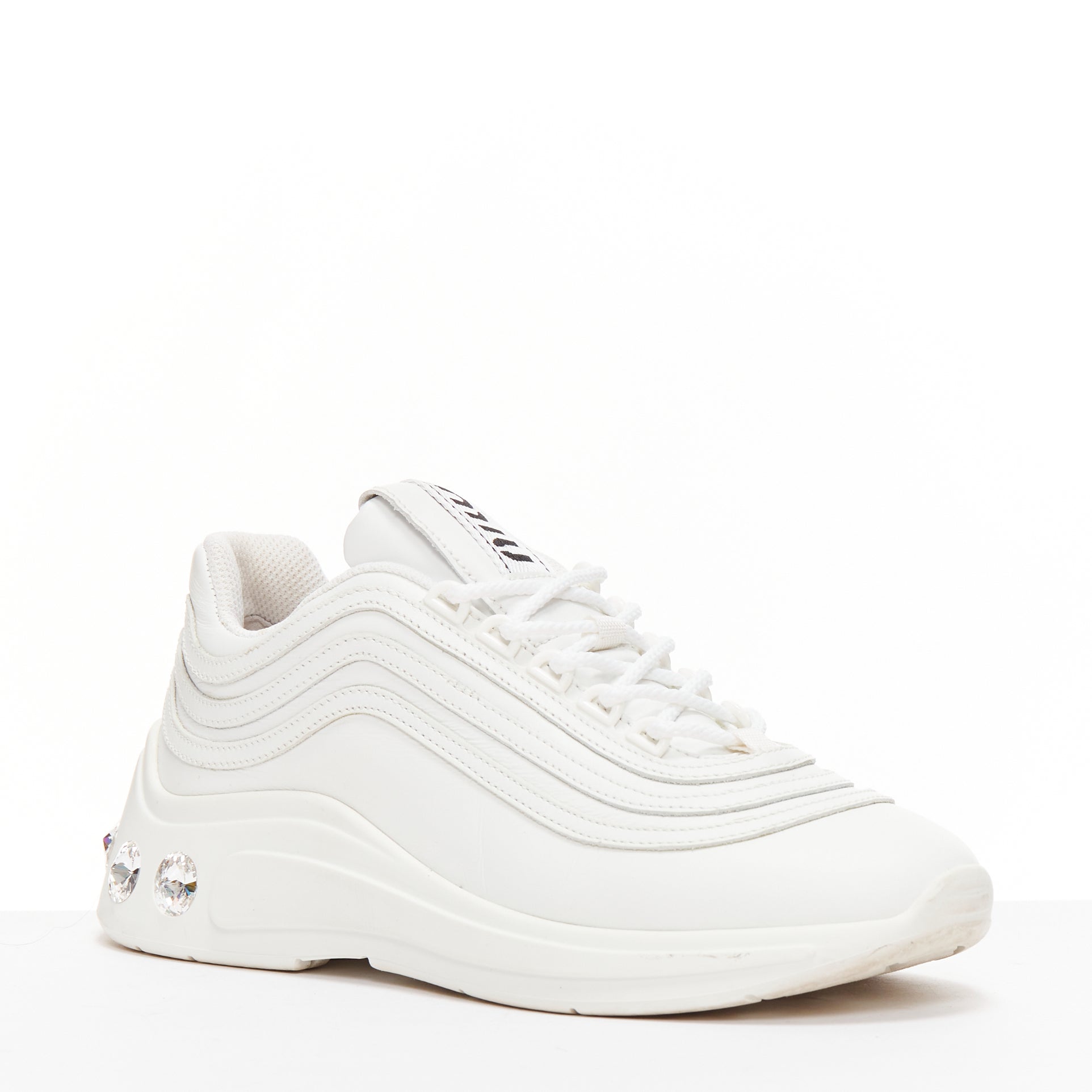 Women's Miu Miu White Leather Crystal Sneakers