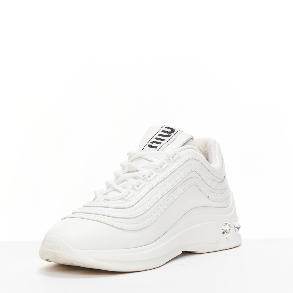 Women's Miu Miu White Leather Crystal Sneakers