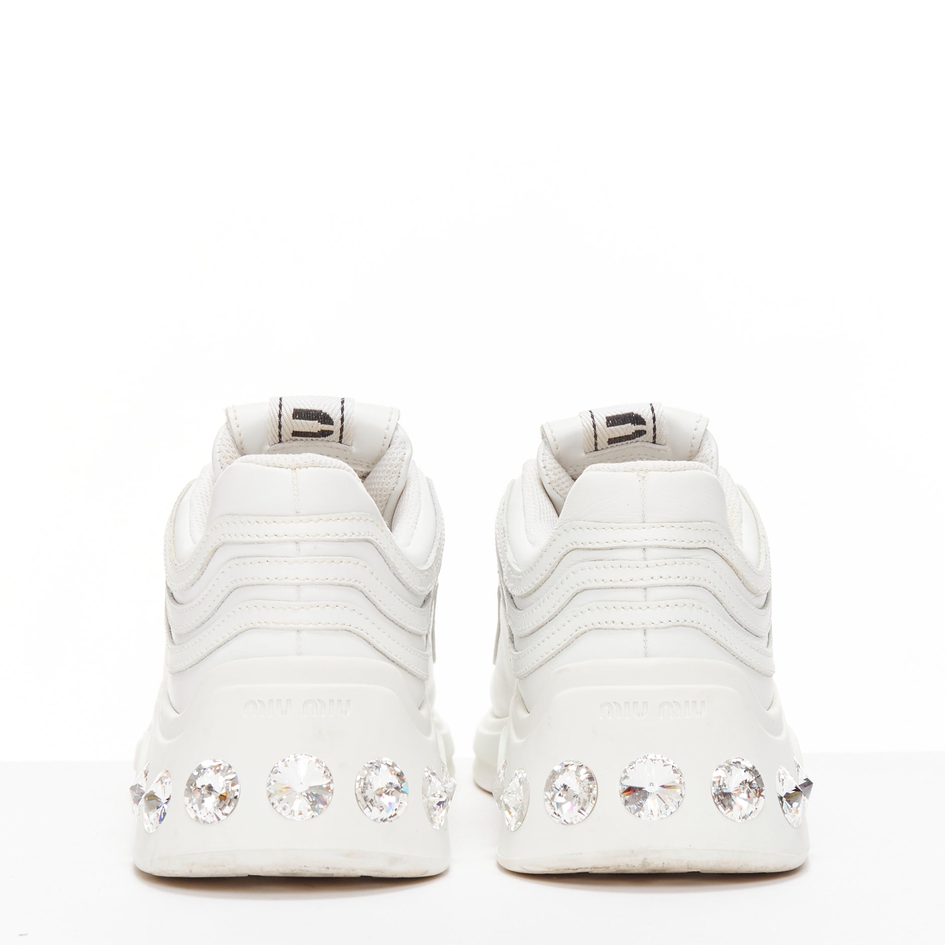 Women's Miu Miu White Leather Crystal Sneakers