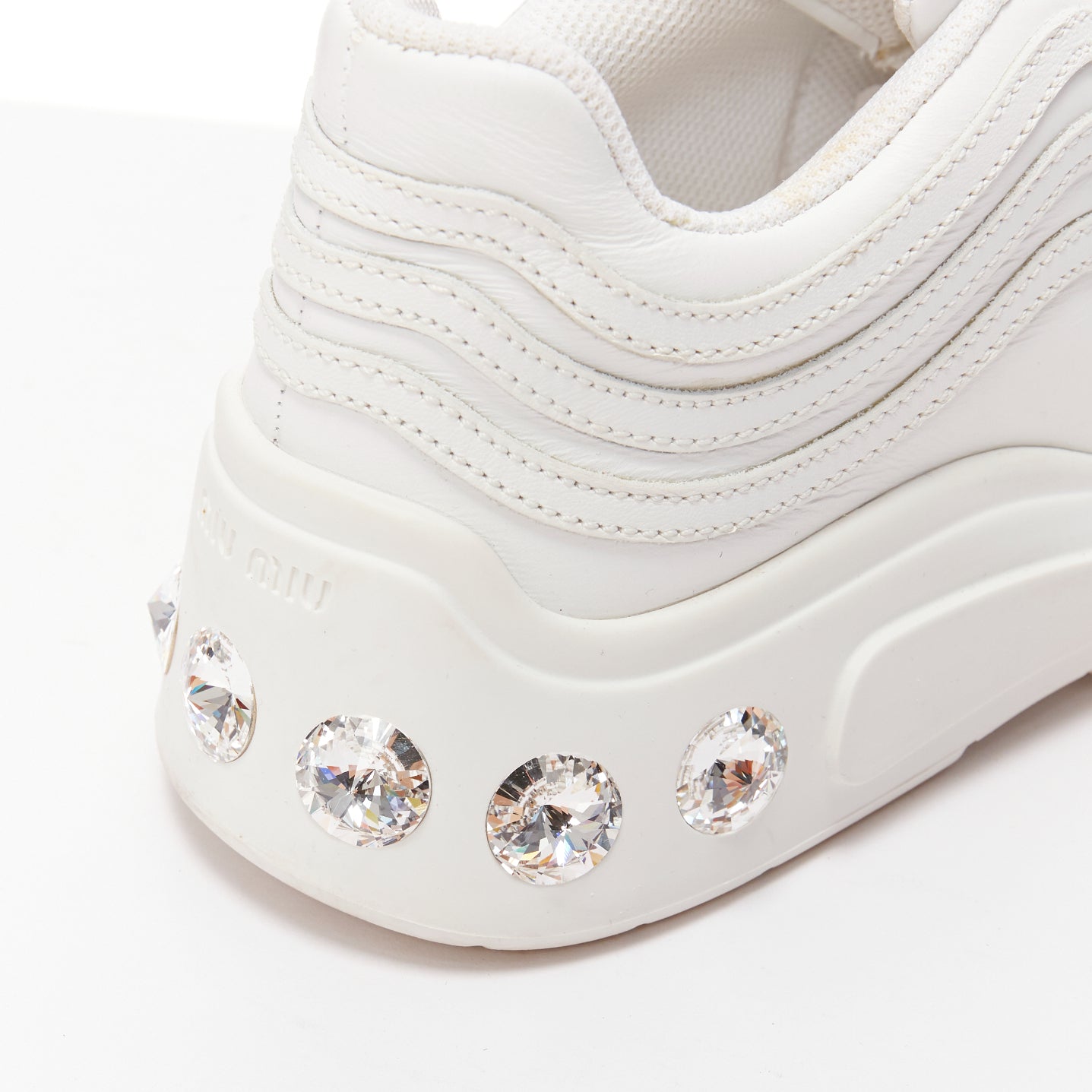 Women's Miu Miu White Leather Crystal Sneakers