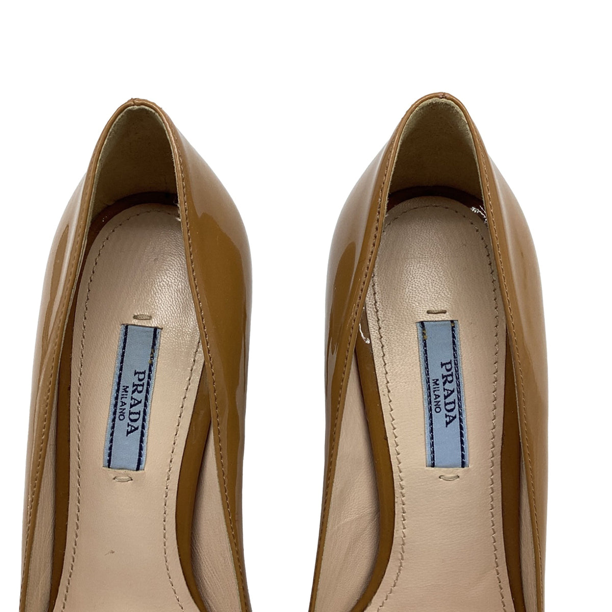 Women's Prada Peep Toe Platform Pumps in Beige Patent Leather