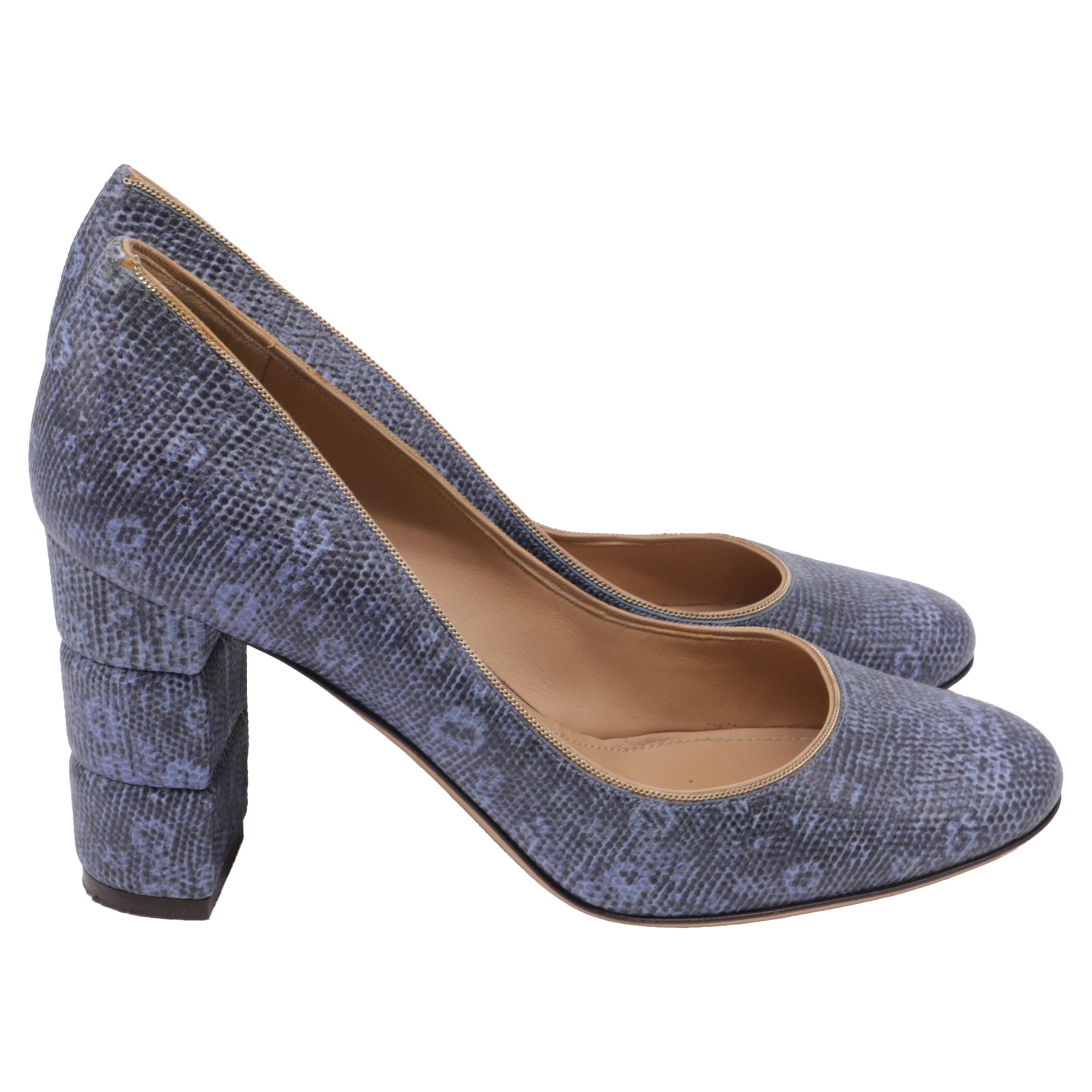 Women's Salvatore Ferragamo Two Tone Lizard Embossed Block Heel Pumps in Blue Leather