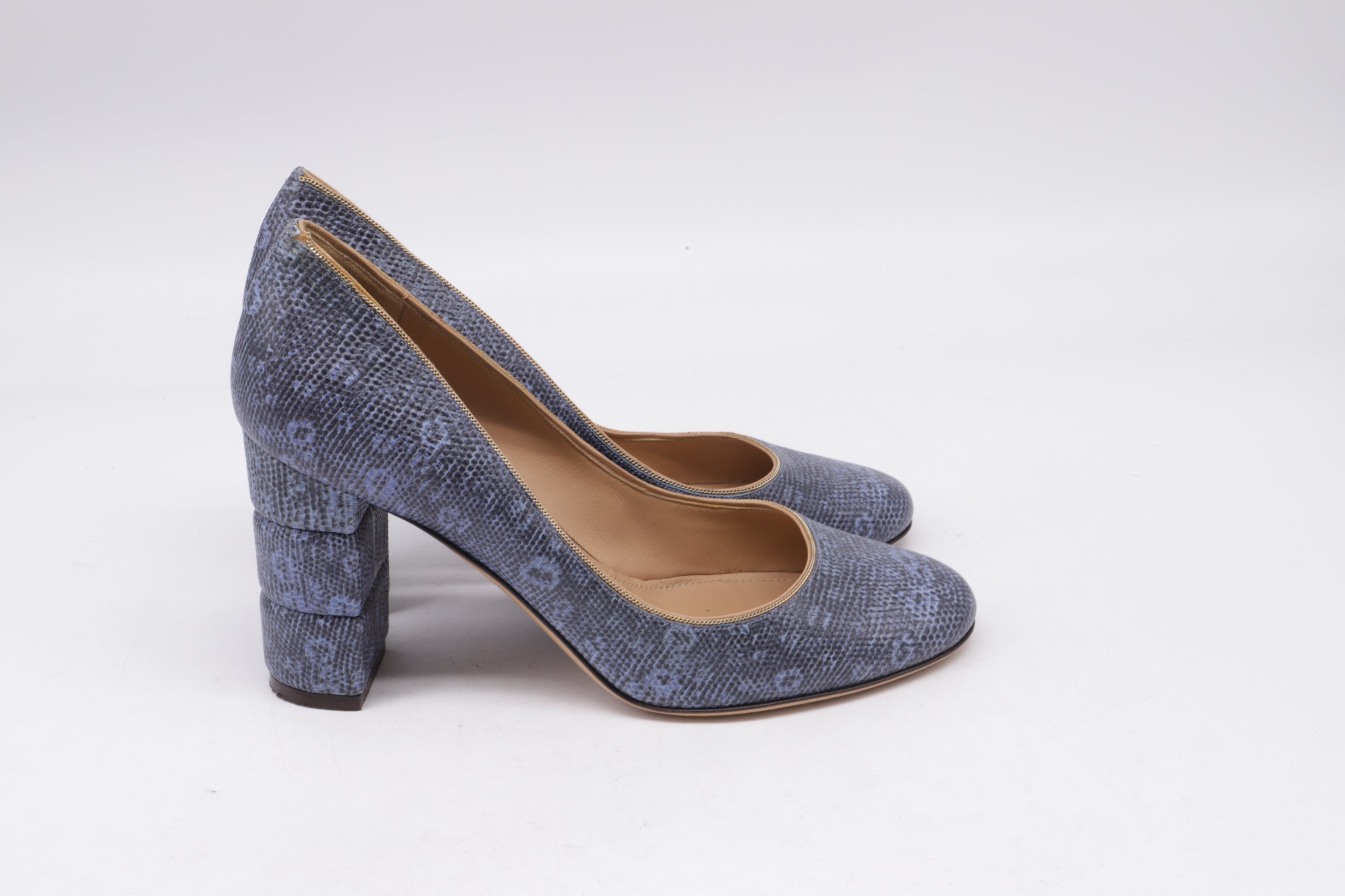 Women's Salvatore Ferragamo Two Tone Lizard Embossed Block Heel Pumps in Blue Leather