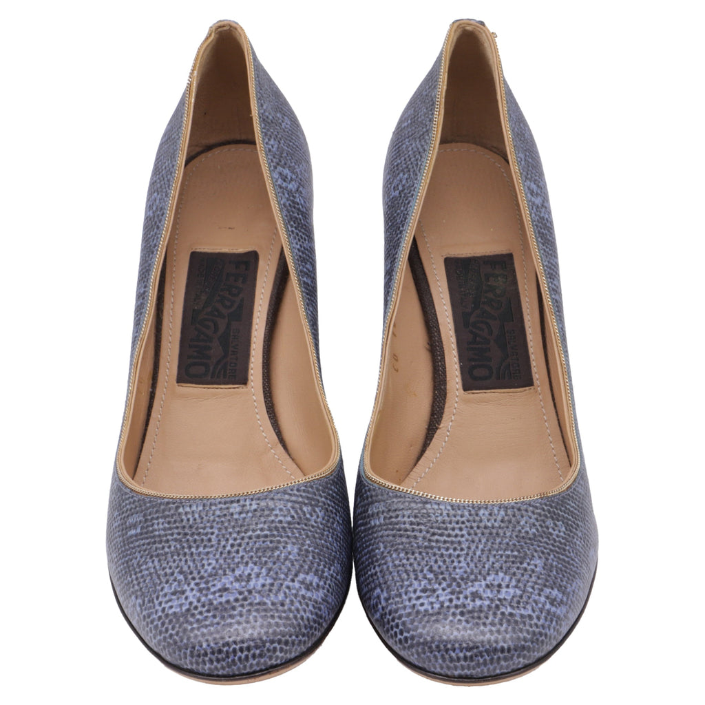 Women's Salvatore Ferragamo Two Tone Lizard Embossed Block Heel Pumps in Blue Leather