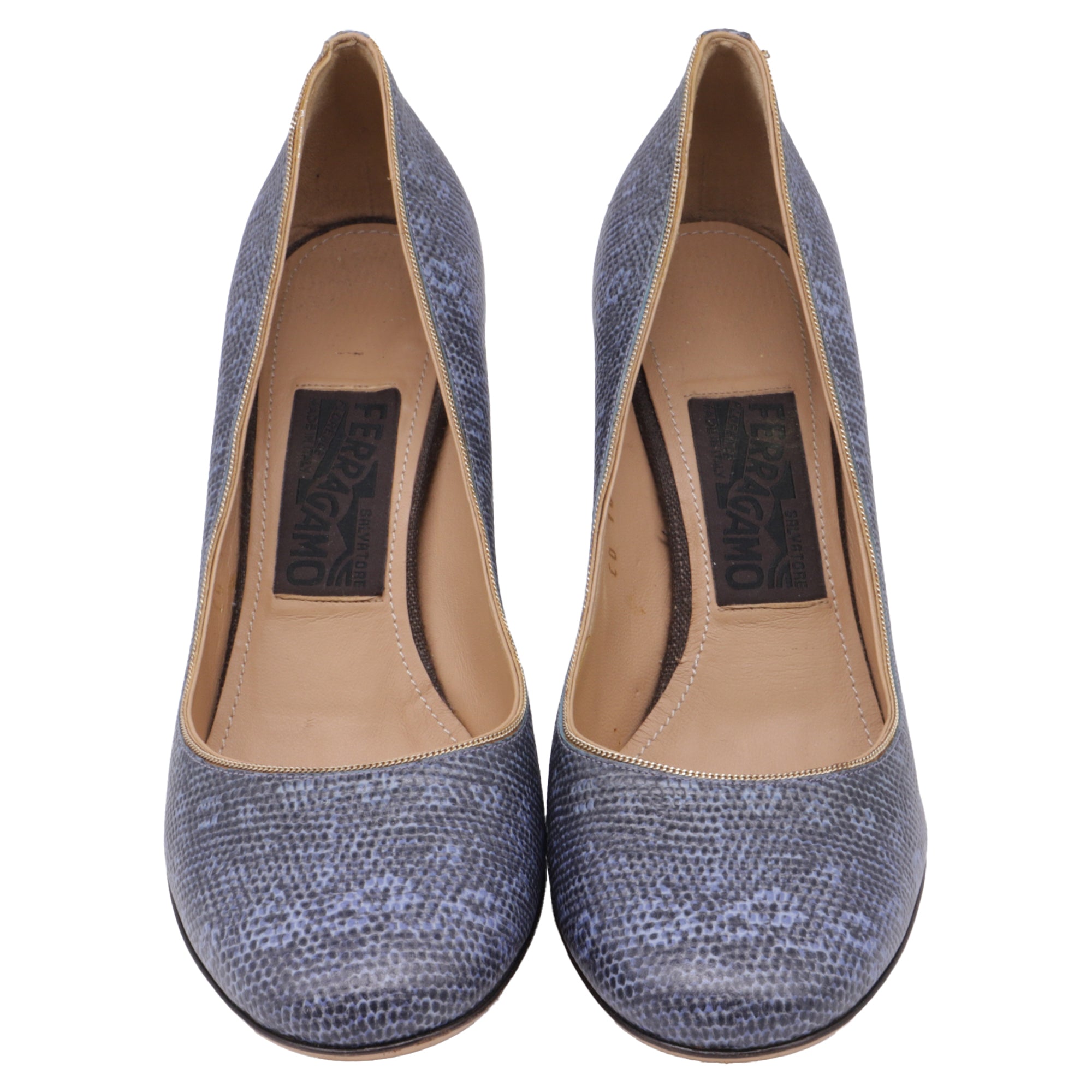 Women's Salvatore Ferragamo Two Tone Lizard Embossed Block Heel Pumps in Blue Leather