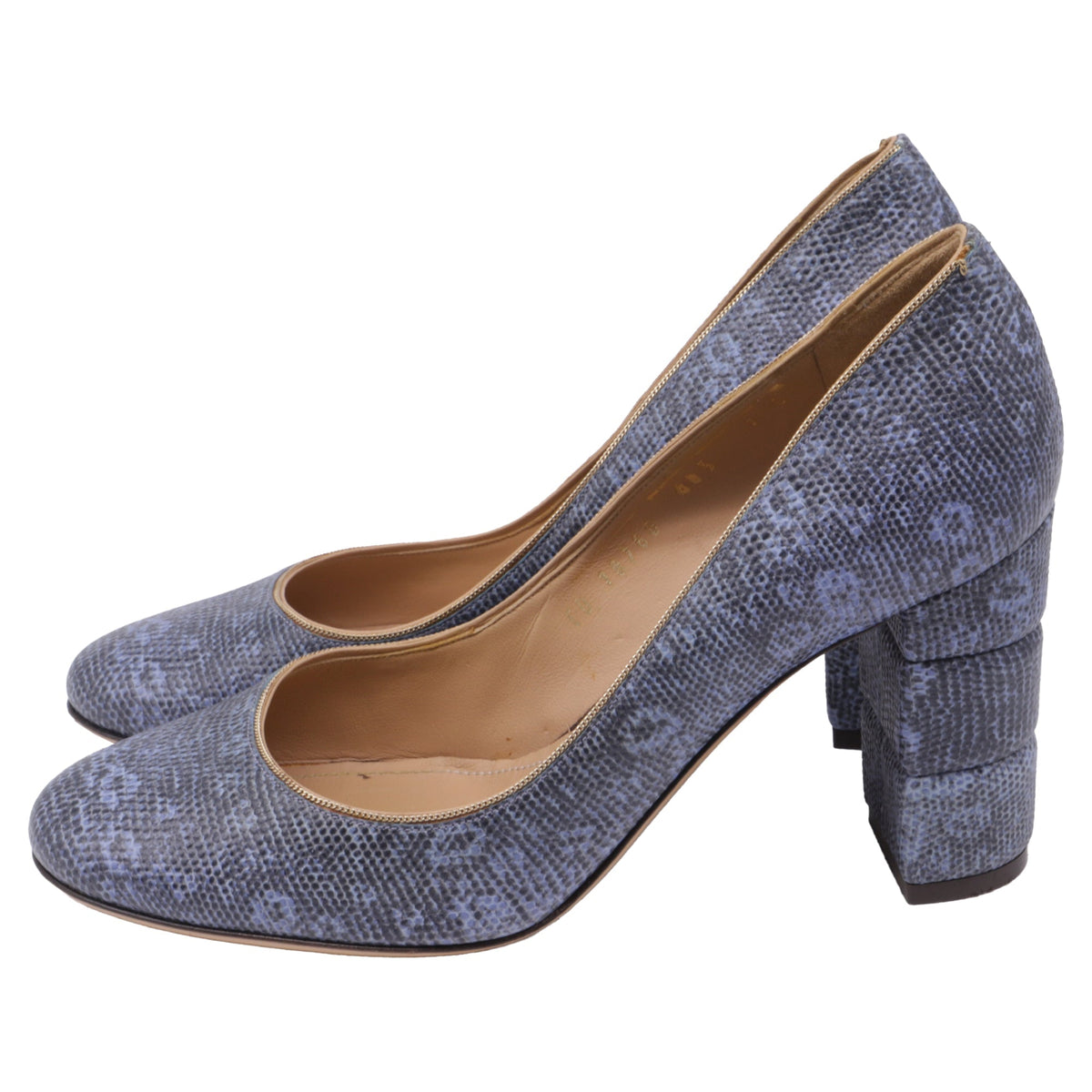 Women's Salvatore Ferragamo Two Tone Lizard Embossed Block Heel Pumps in Blue Leather