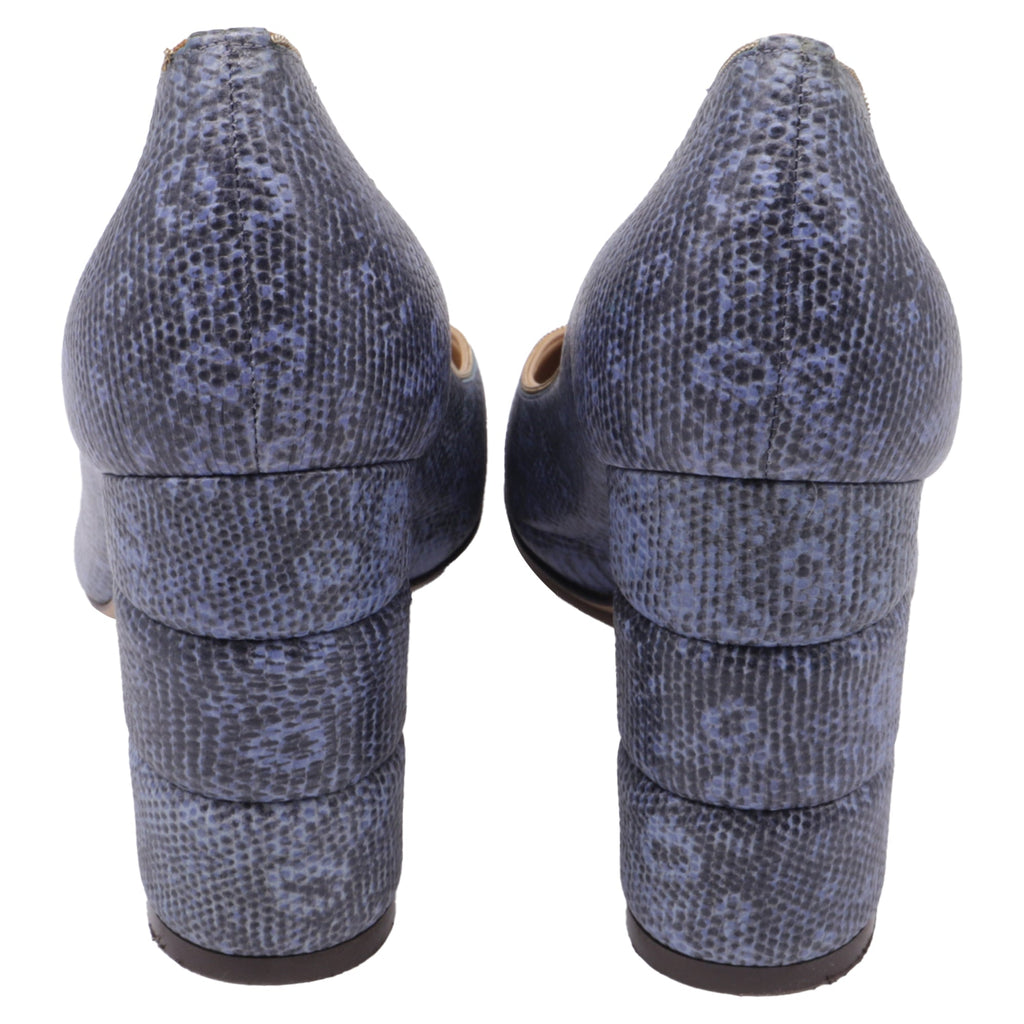Women's Salvatore Ferragamo Two Tone Lizard Embossed Block Heel Pumps in Blue Leather