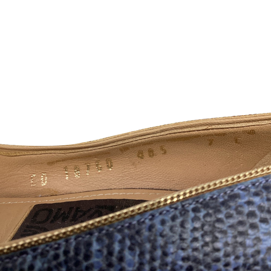 Women's Salvatore Ferragamo Two Tone Lizard Embossed Block Heel Pumps in Blue Leather