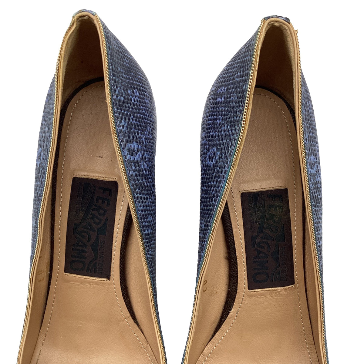 Women's Salvatore Ferragamo Two Tone Lizard Embossed Block Heel Pumps in Blue Leather