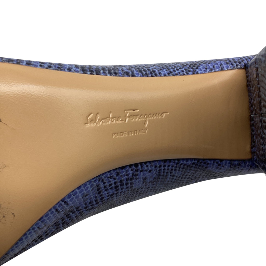 Women's Salvatore Ferragamo Two Tone Lizard Embossed Block Heel Pumps in Blue Leather