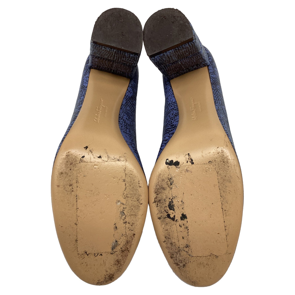Women's Salvatore Ferragamo Two Tone Lizard Embossed Block Heel Pumps in Blue Leather