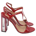 Women's Salvatore Ferragamo Mirrored Heel T Strap Sandals in Red Patent Leather