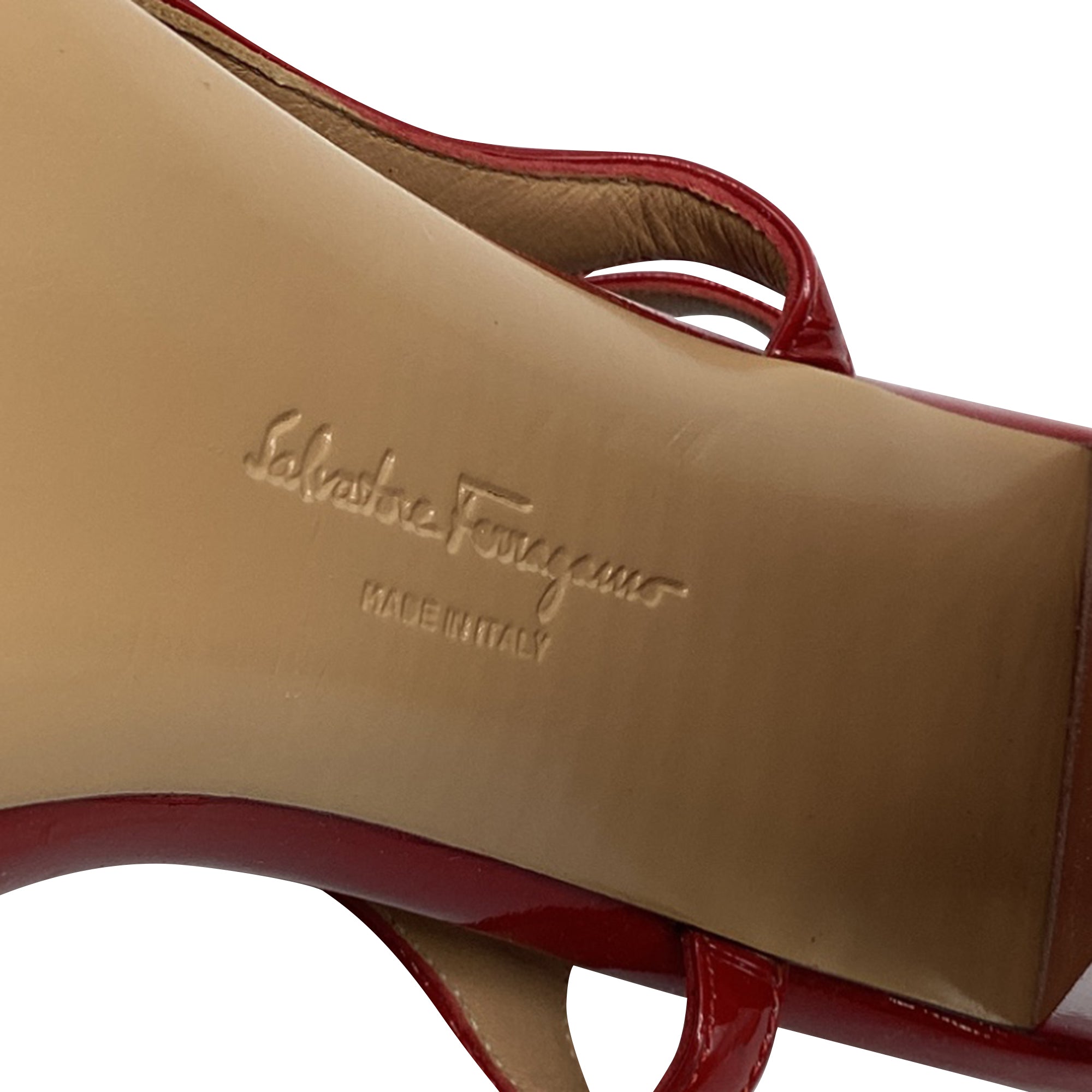 Women's Salvatore Ferragamo Mirrored Heel T Strap Sandals in Red Patent Leather