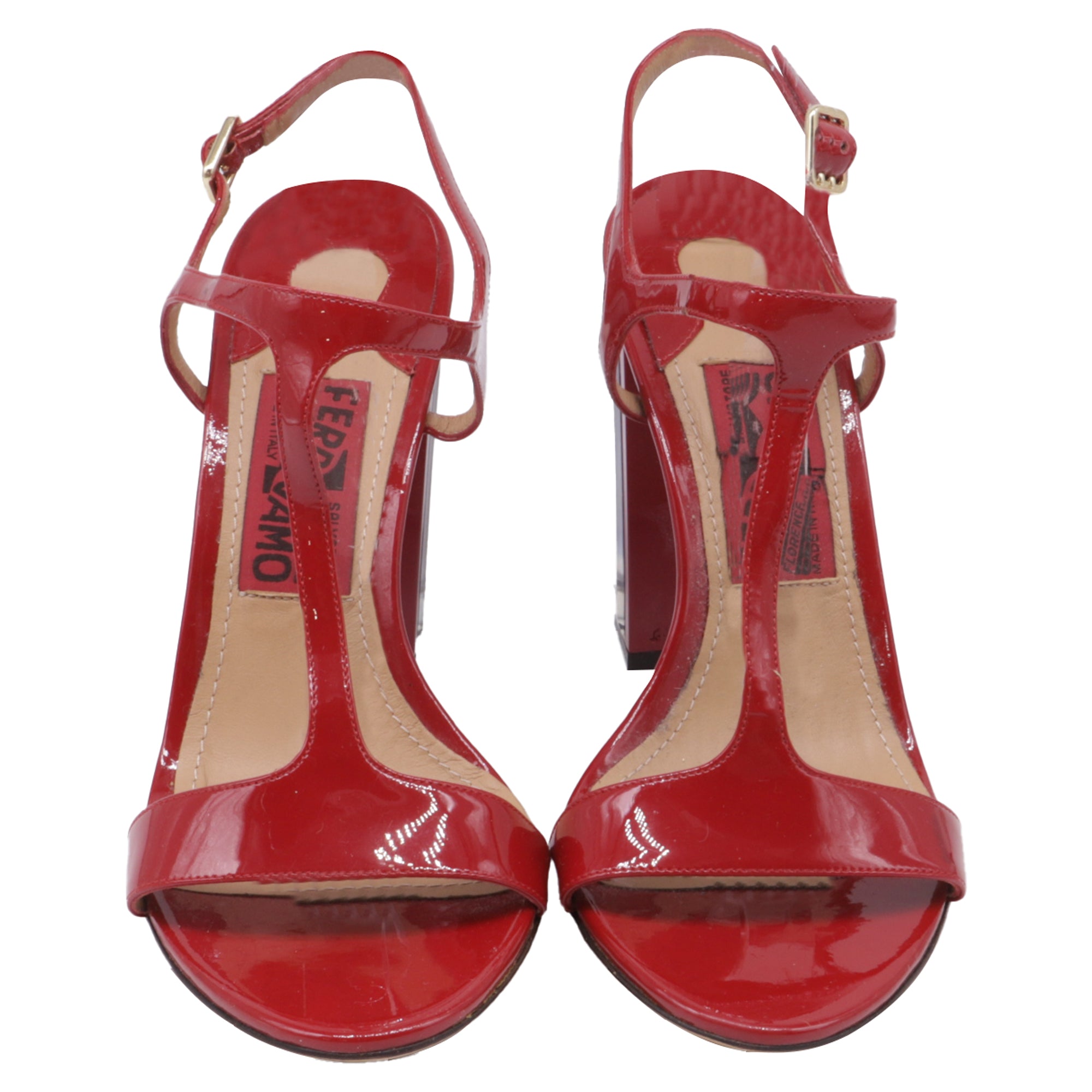 Women's Salvatore Ferragamo Mirrored Heel T Strap Sandals in Red Patent Leather