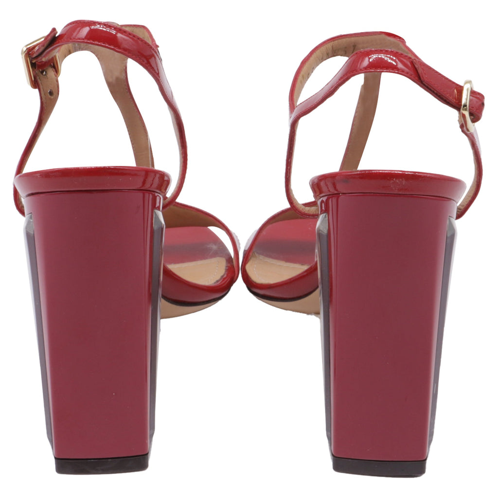 Women's Salvatore Ferragamo Mirrored Heel T Strap Sandals in Red Patent Leather
