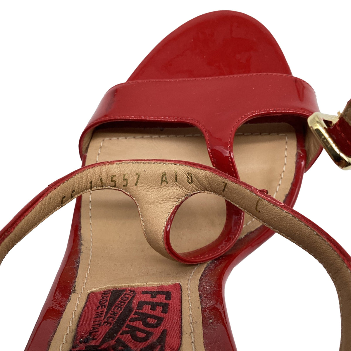 Women's Salvatore Ferragamo Mirrored Heel T Strap Sandals in Red Patent Leather