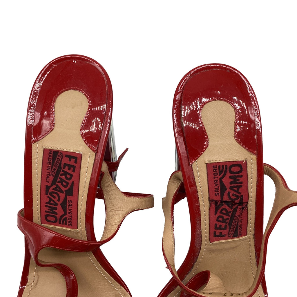 Women's Salvatore Ferragamo Mirrored Heel T Strap Sandals in Red Patent Leather