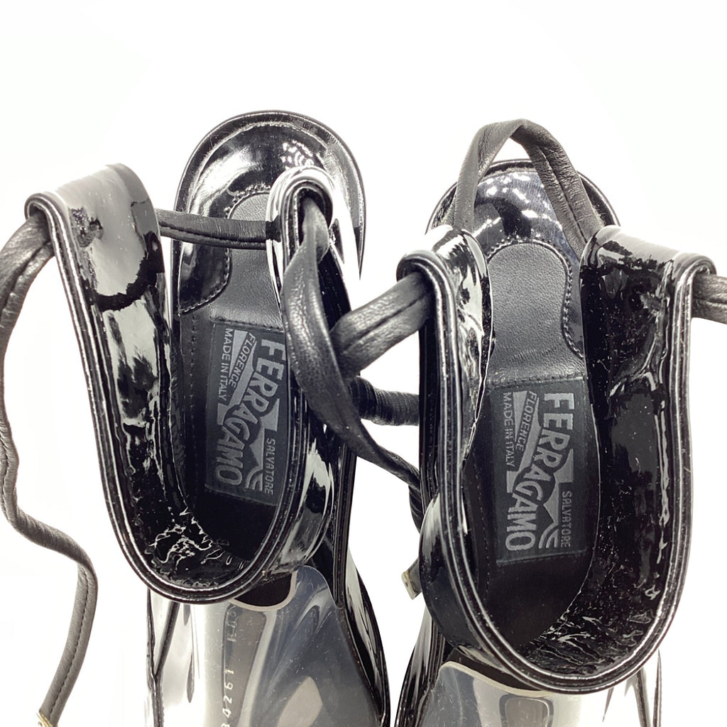 Women's Salvatore Ferragamo Ankle-Strap Pump with Transparent PVC Detail in Black Patent Leather