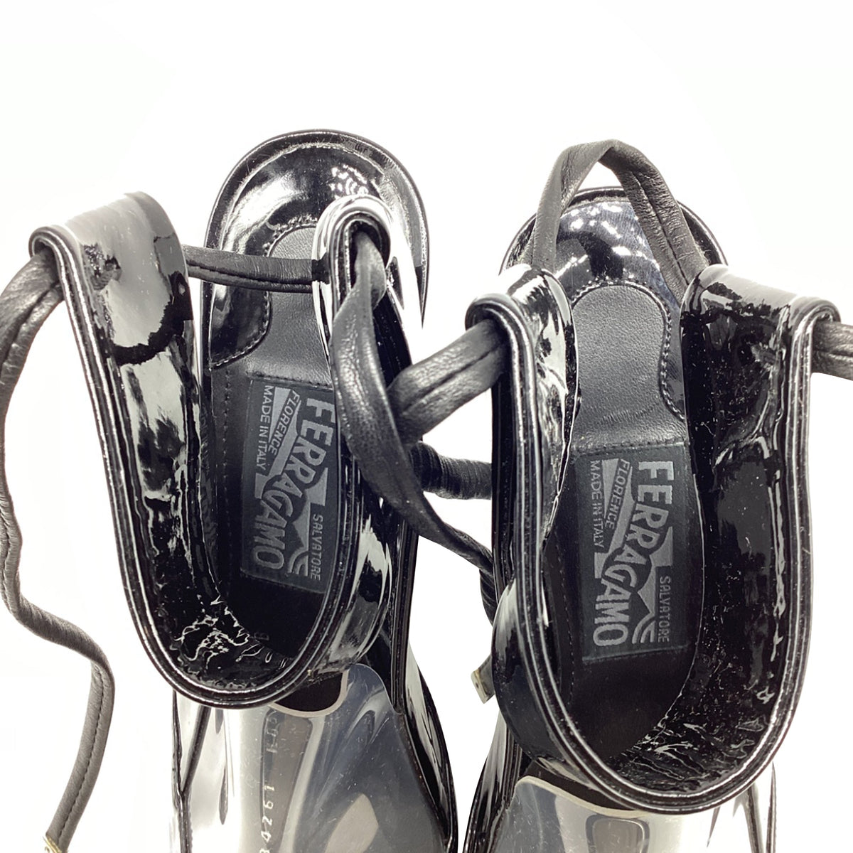 Women's Salvatore Ferragamo Ankle-Strap Pump with Transparent PVC Detail in Black Patent Leather