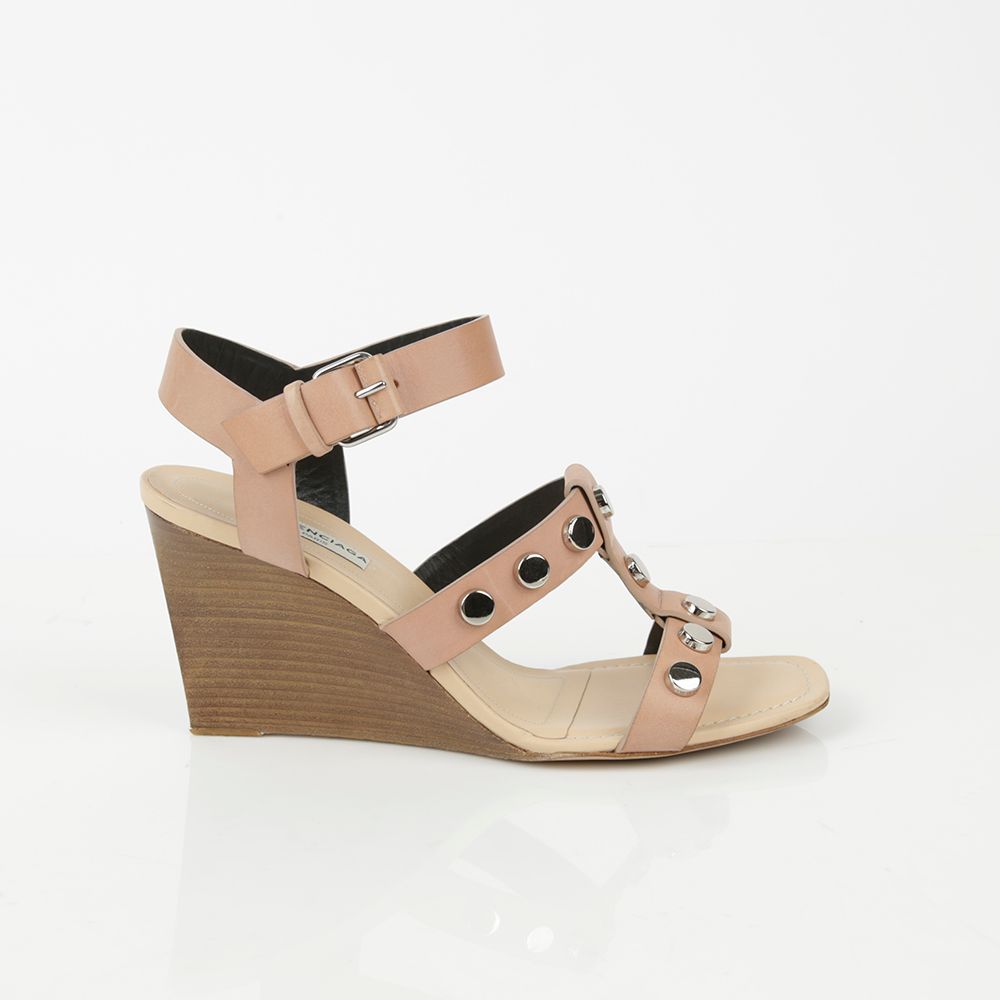 Women's Pink Leather Studded Strap Wedge Sandal Heel