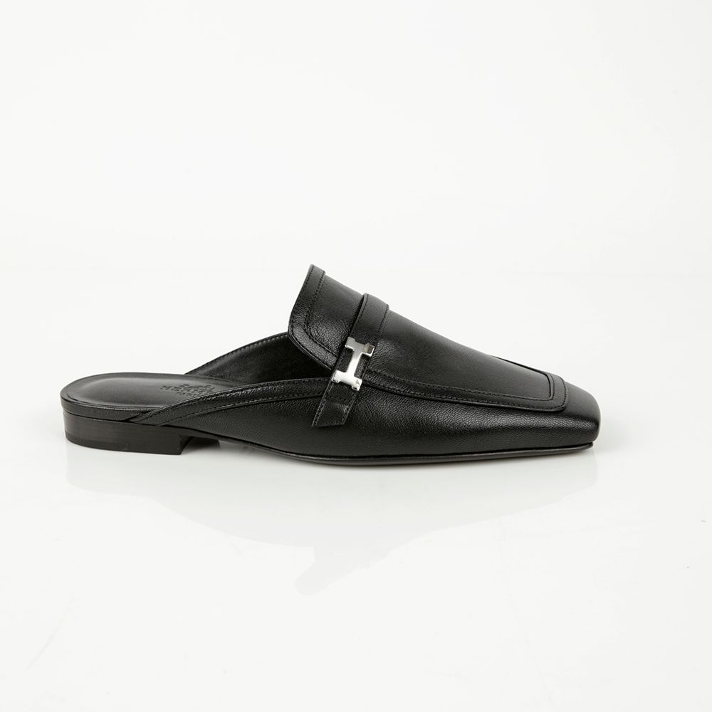 Women's Black Leather Groovy Mule Slippers