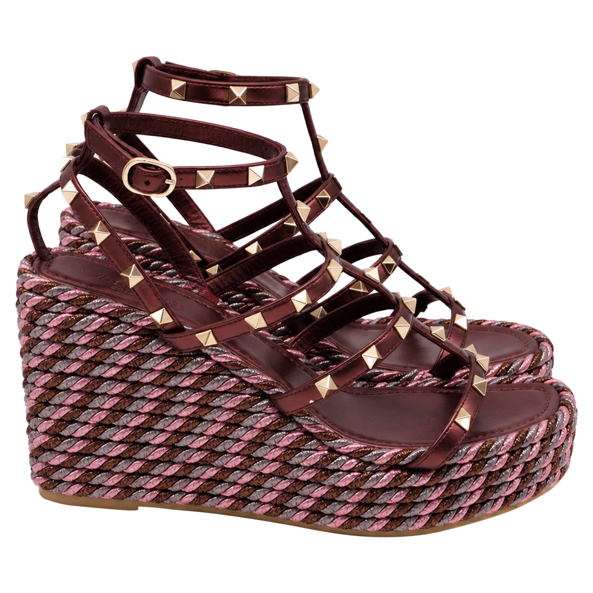 Women's Valentino Garavani 95mm Studded Wedge Sandals in Burgundy Leather