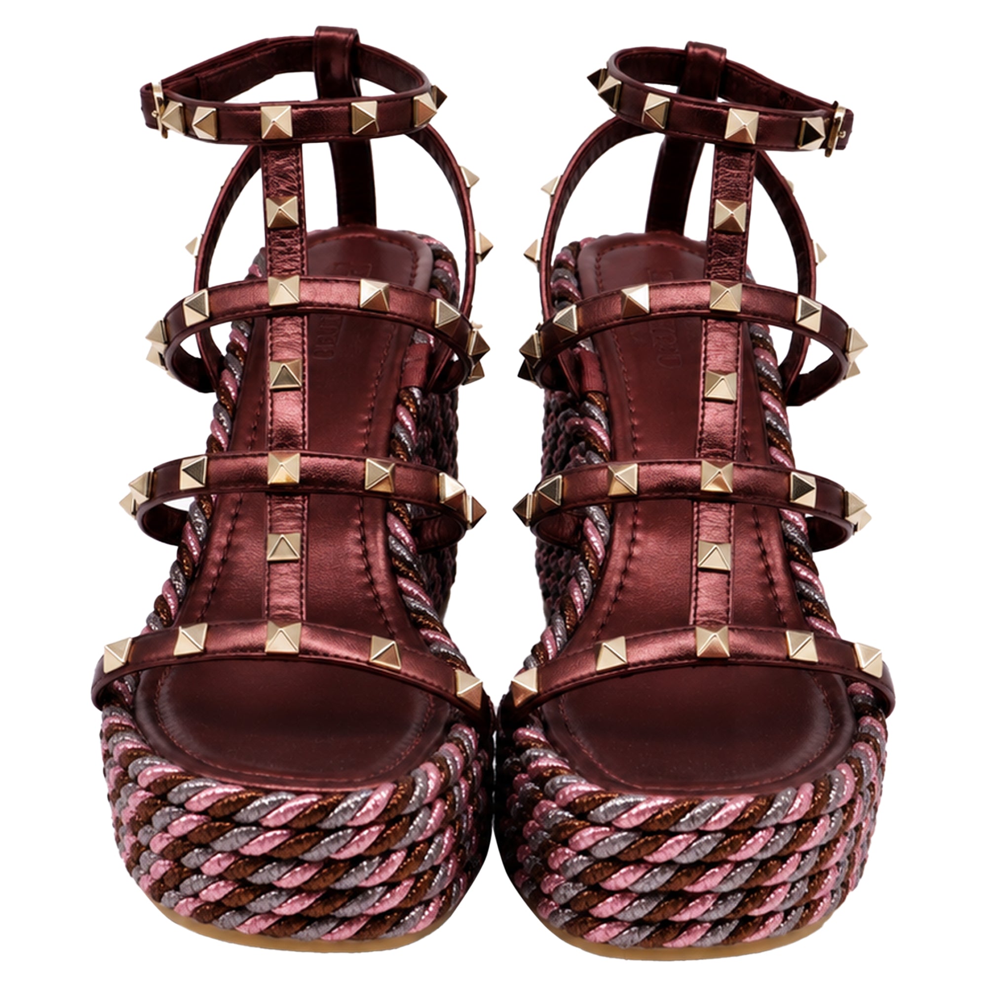 Women's Valentino Garavani 95mm Studded Wedge Sandals in Burgundy Leather