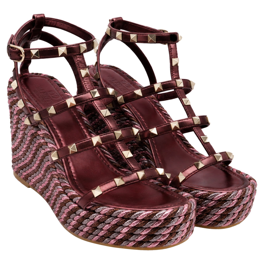 Women's Valentino Garavani 95mm Studded Wedge Sandals in Burgundy Leather