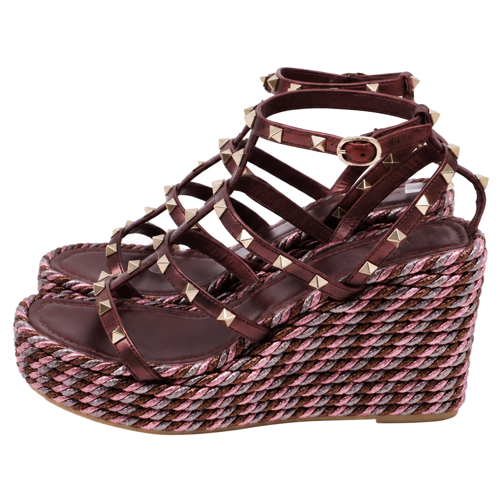 Women's Valentino Garavani 95mm Studded Wedge Sandals in Burgundy Leather