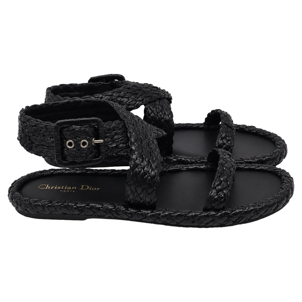 Women's Dior Woven Ocean Flat Thong Sandals in Black Raffia
