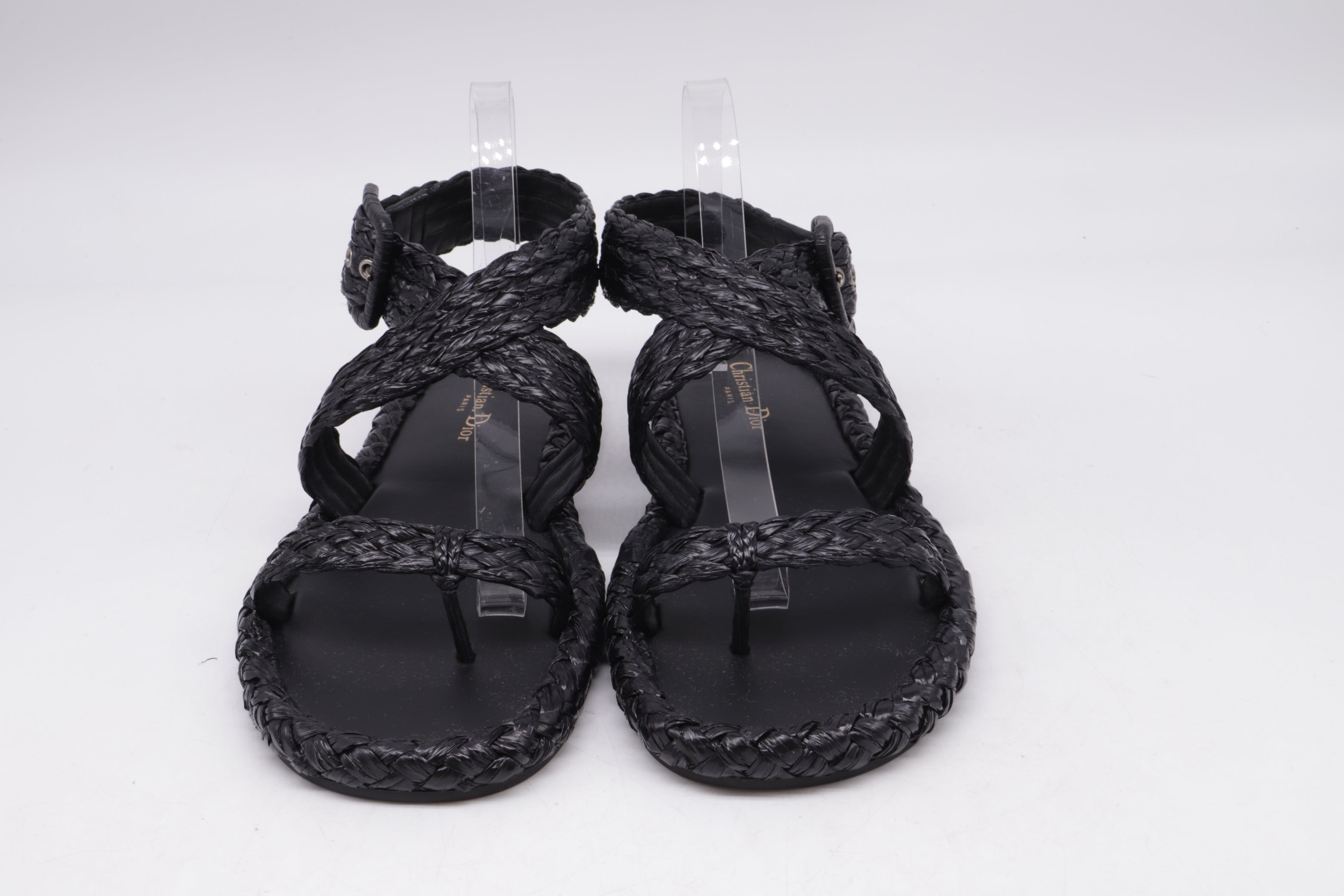 Women's Dior Woven Ocean Flat Thong Sandals in Black Raffia