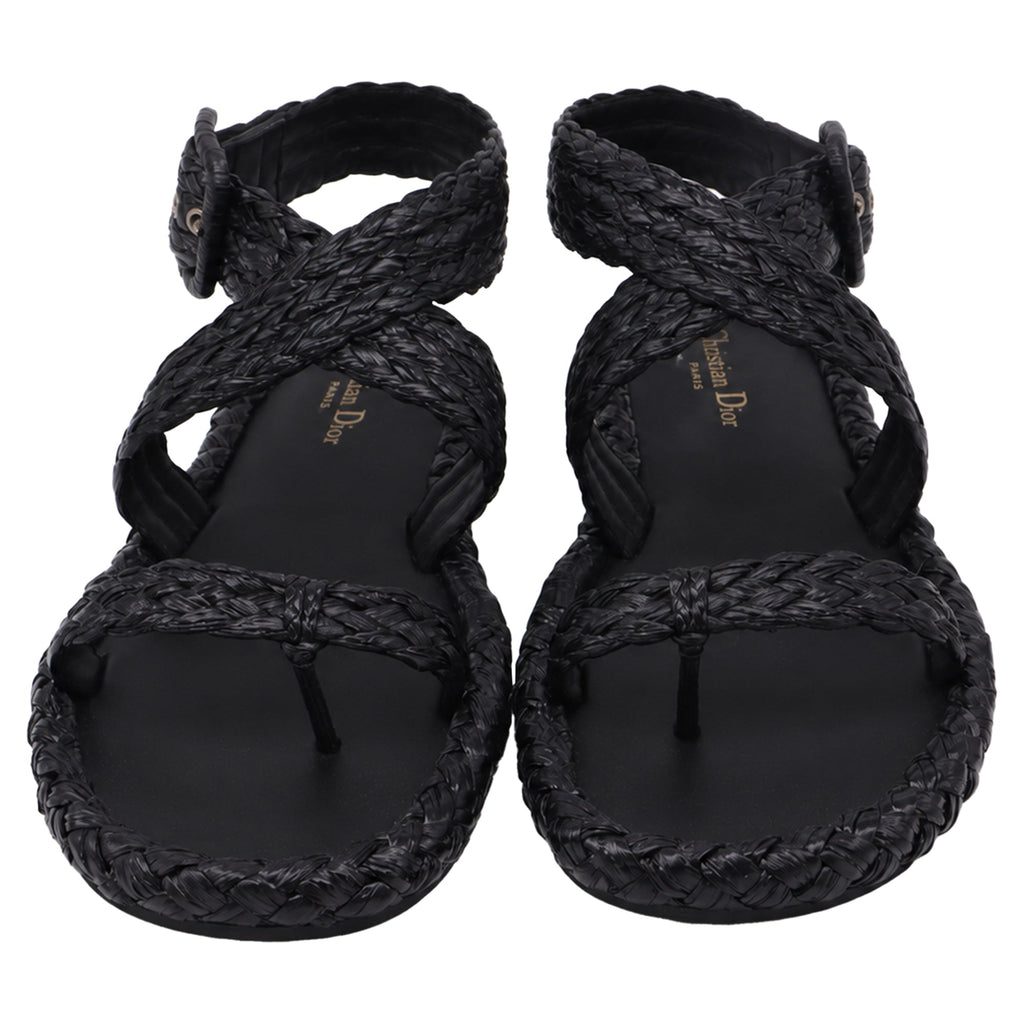 Women's Dior Woven Ocean Flat Thong Sandals in Black Raffia