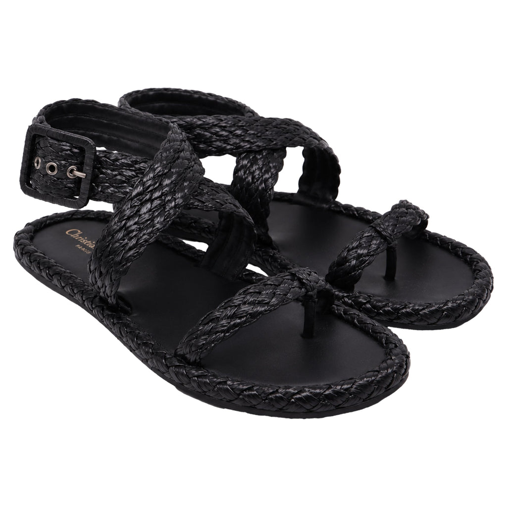 Women's Dior Woven Ocean Flat Thong Sandals in Black Raffia