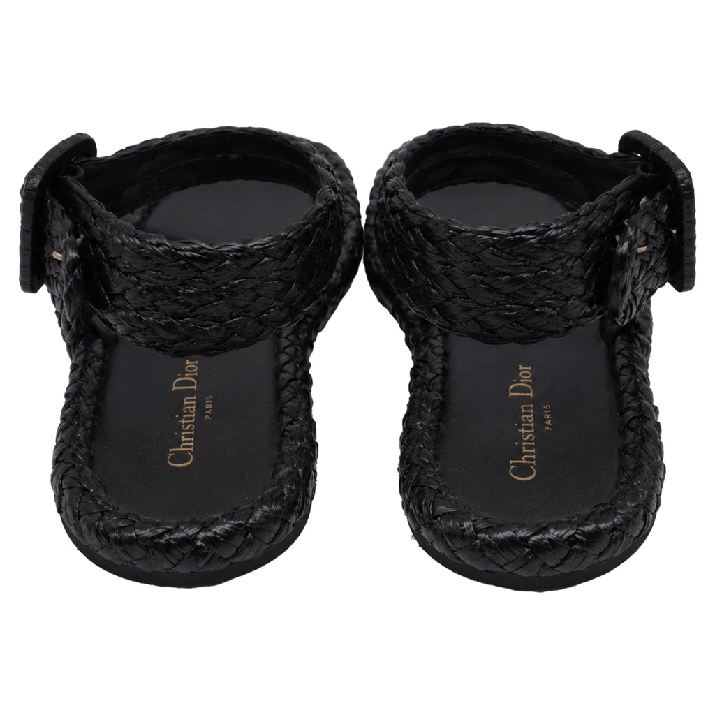 Women's Dior Woven Ocean Flat Thong Sandals in Black Raffia