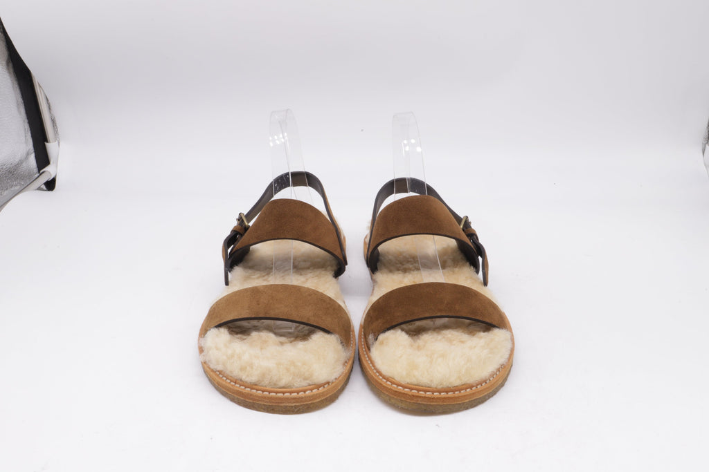Women's Saint Laurent Shearling-Lined Slingback Strap Sandals in Brown Suede